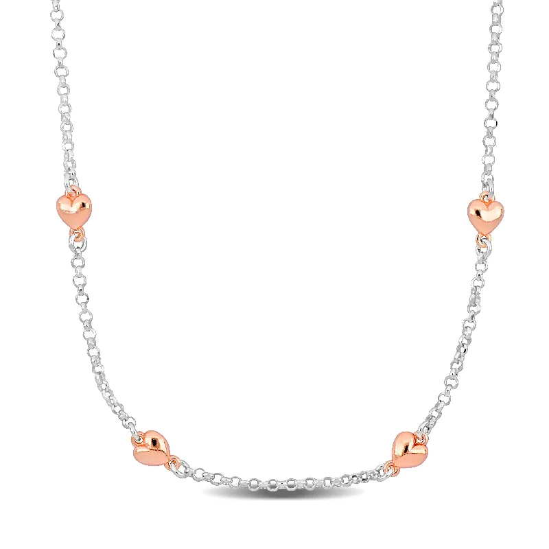 Mimi & Max Four Heart Charm Station Necklace in Two-Tone Rose and White Sterling Silver-16.5+1 in