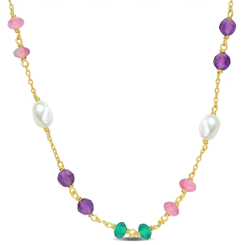 Mimi & Max 4 1/2ct TGW Amethyst Green Onyx Pink Tourmaline Beads and 4-5.5mm Cultured Freshwater Pearl Necklace in Yellow Siilver - 17+2 in.