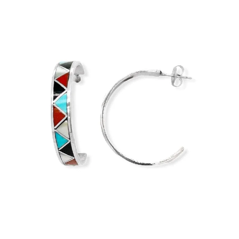 Genuine Stone Multicolor Hoop Earrings, 925 Sterling Silver, Authentic Native American, Handmade in the USA, Nickle Free