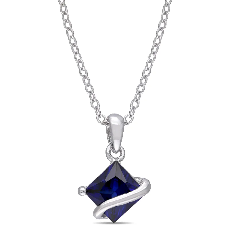 Mimi & Max Created Blue Sapphire Square Necklace in Sterling Silver