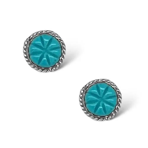 Genuine Sleeping Beauty Turquoise Earrings, 925 Sterling Silver, Authentic Native American Handmade in New Mexico, USA, Post Stud, Small Round Blue Jewelry for Women and Girls, Nickel Free