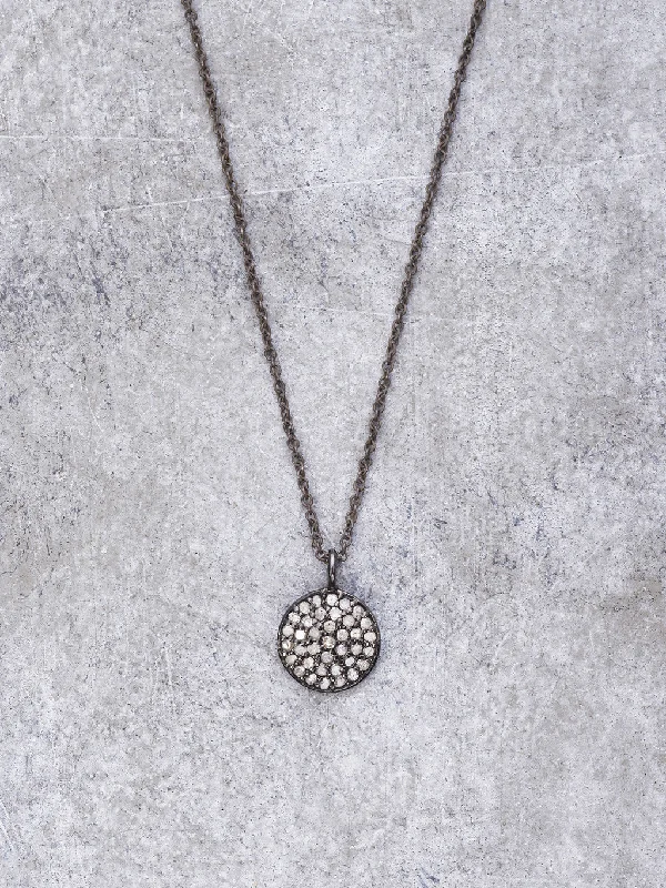 Antiqued Silver Pave Diamond Disk Necklace