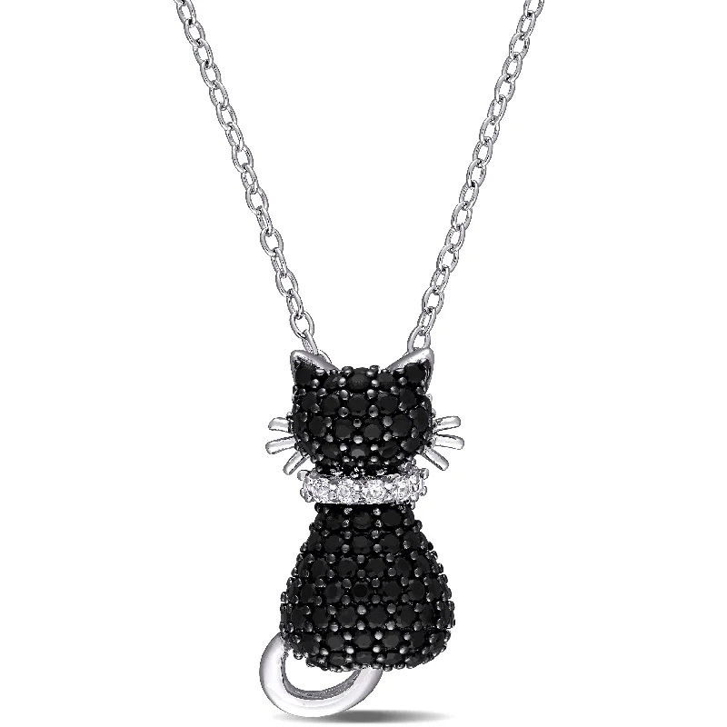 Mimi & Max Black Spinel and Created White Sapphire Kitty Cat Necklace in Sterling Silver