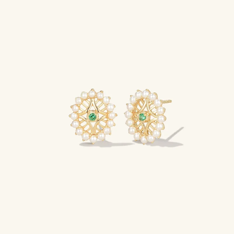 Natural Emerald & Pearl Vintage Inspired Yellow Gold Earrings