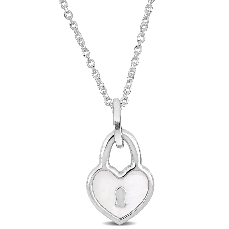 Mimi & Max White Enamel Heart Lock Charm Necklace in Sterling Silver - 16+2 in.