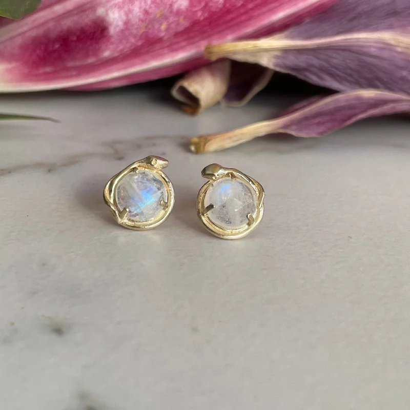 Snake Stud Earrings With Rose Cut Moonstone Gold