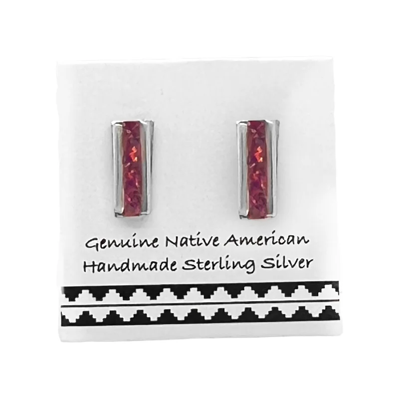 Desert Opal Bar Stud Earrings, 925 Sterling Silver, Native American USA Handmade, Nickel Free, Dark Pink Synthetic Opal