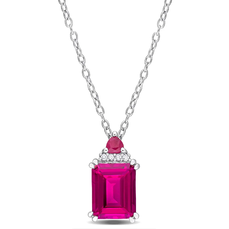 Mimi & Max Womens 3 1/6ct TGW Octagon Pink Topaz Trilliant Ruby and Diamond Accent Necklace in Sterling Silver