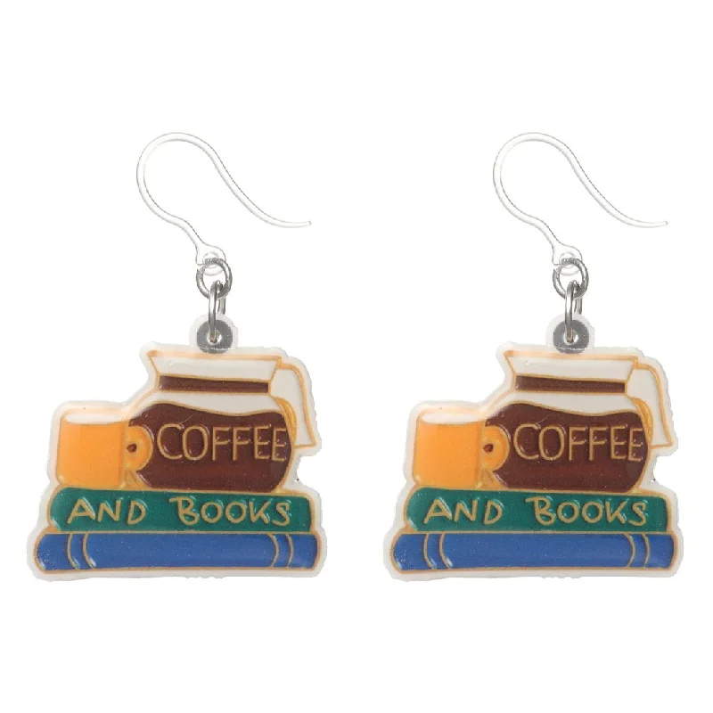 Coffee and Book Dangles Hypoallergenic Earrings for Sensitive Ears Made with Plastic Posts