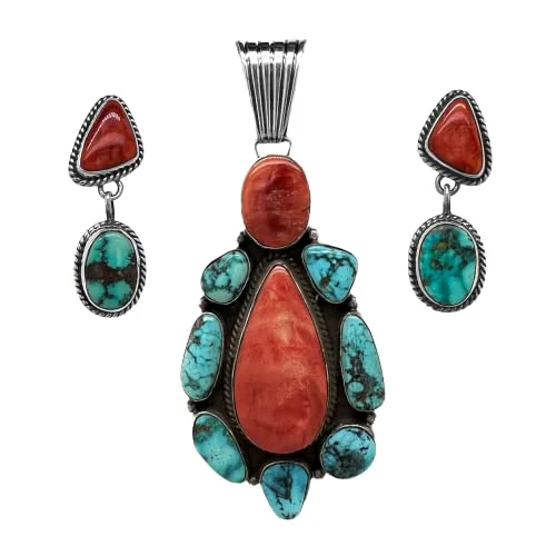 Genuine Kingman Turquoise and Spiny Oyster Pendant and Earring Set, Navajo Native American USA Handmade, Sterling Silver, Artist Signed, Nickel Free