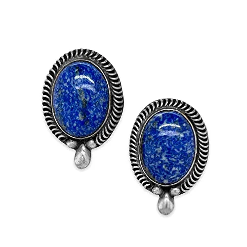 Genuine Lapis Lazuli Concho Earrings, 925 Sterling Silver, Authentic Native American USA Handmade, Nickel Free, Navy Blue, Post STyle