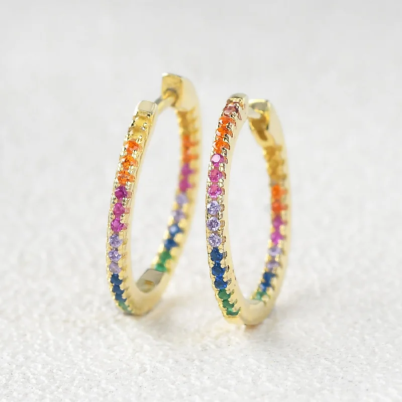 Pave Rainbow Daily Hoops Silver Earrings - Medium