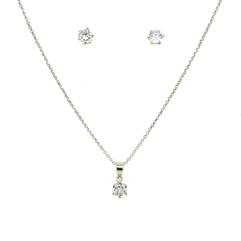 Sterling Silver Round CZ Earrings & Pendant Set