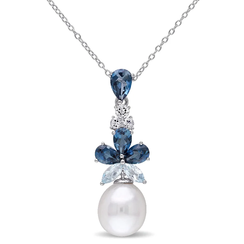 Mimi & Max 3 1/4ct TGW London, Sky Blue and White Topaz and 9.5-10mm White Cultured Freshwater Pearl Necklace