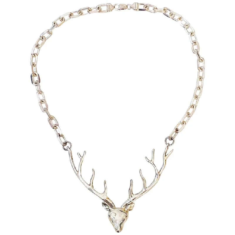 Sterling Silver Deer Necklace, Large Antler Deer Necklace Heavy Chain