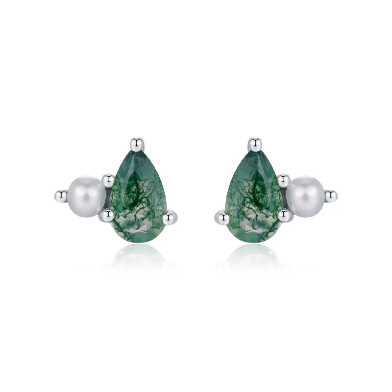 Rosewood Moss Agate Pearl Studs