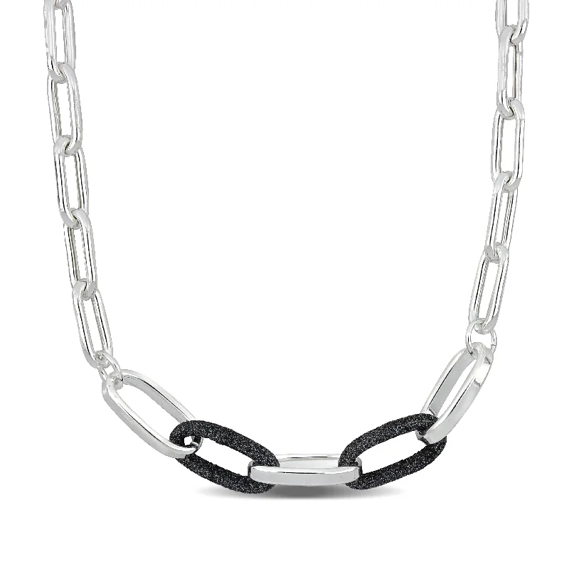 Mimi & Max Oval Link Necklace w/ Black Sparkle Enamel in Sterling Silver - 18+2 in.