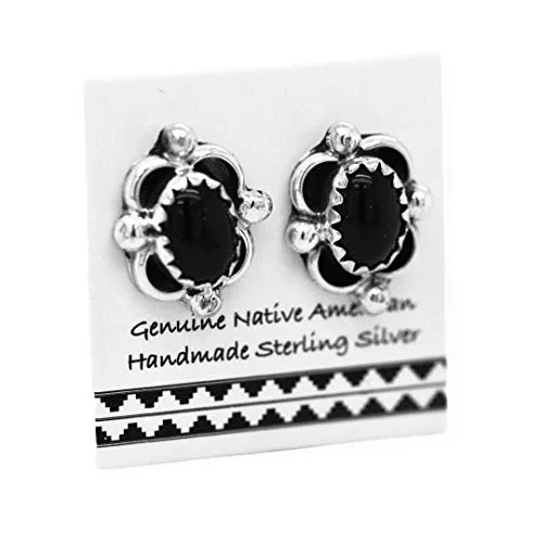 Genuine Black Onyx Stud Earrings in 925 Sterling Silver, Native American USA Handmade, Nickle Free, Oval