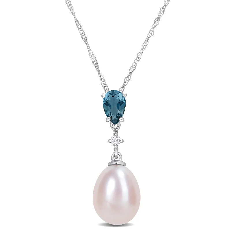 Mimi & Max 8-8.5mm Rice-Shape Pink Cultured Freshwater Pearl 1/2ct TGW London-Blue Topaz and Diamond Accent Necklace in 10k White Gold