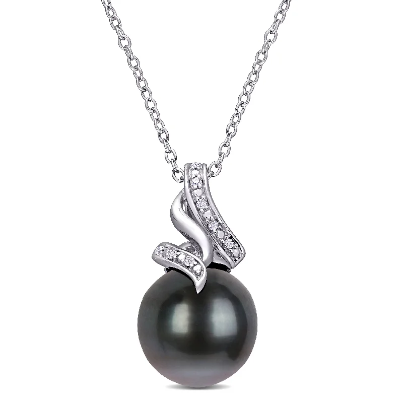 Mimi & Max 9-9.5mm Black Tahitian Pearl and Diamond Twist Necklace in Sterling Silver