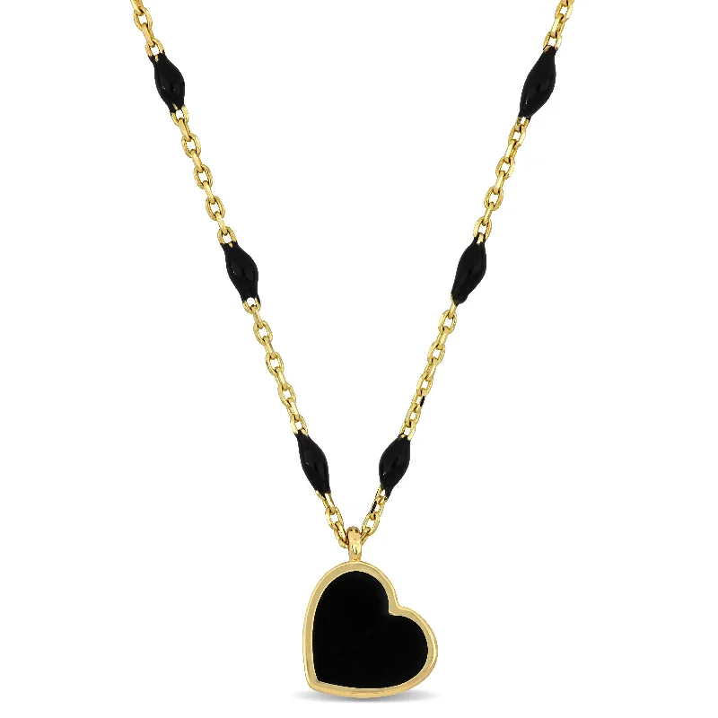 Mimi & Max Black Enamel Heart Station Necklace in 14K Yellow Gold - 16+2 in