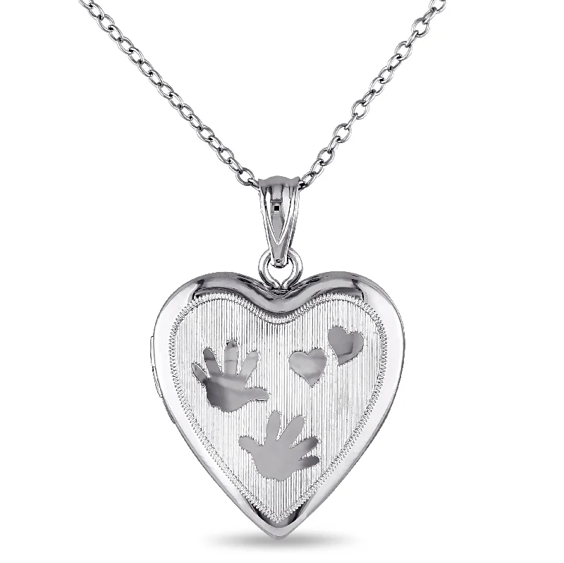 Mimi & Max Engraved Heart and Hands Locket Pendant with Chain in Sterling Silver