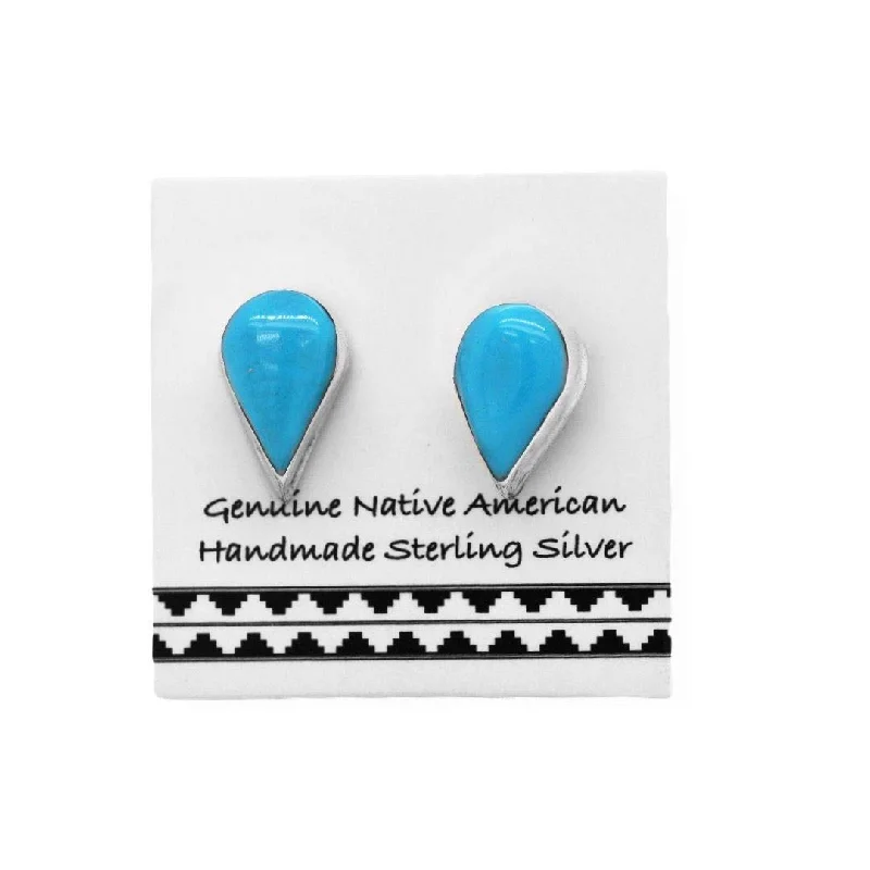 9mm Sleeping Beauty Turquoise Stud Earrings, Sterling Silver, Authentic Native American Handmade, Teardrop, Nickle Free