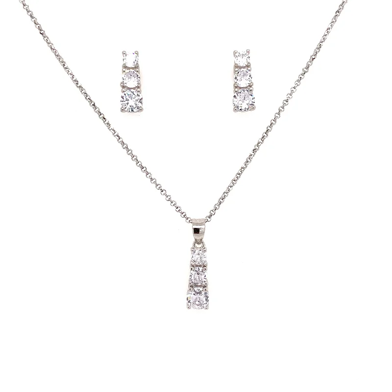 Sterling Silver Three Stone Stud Earrings & Pendant Set