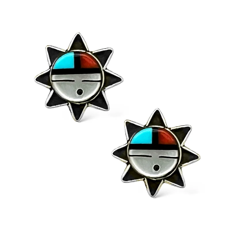 Genuine Stone Zuni Sunface Stud Earrings in 925 Sterling Silver, Turquoise and Coral, Native American USA Handmade, Nickel Free