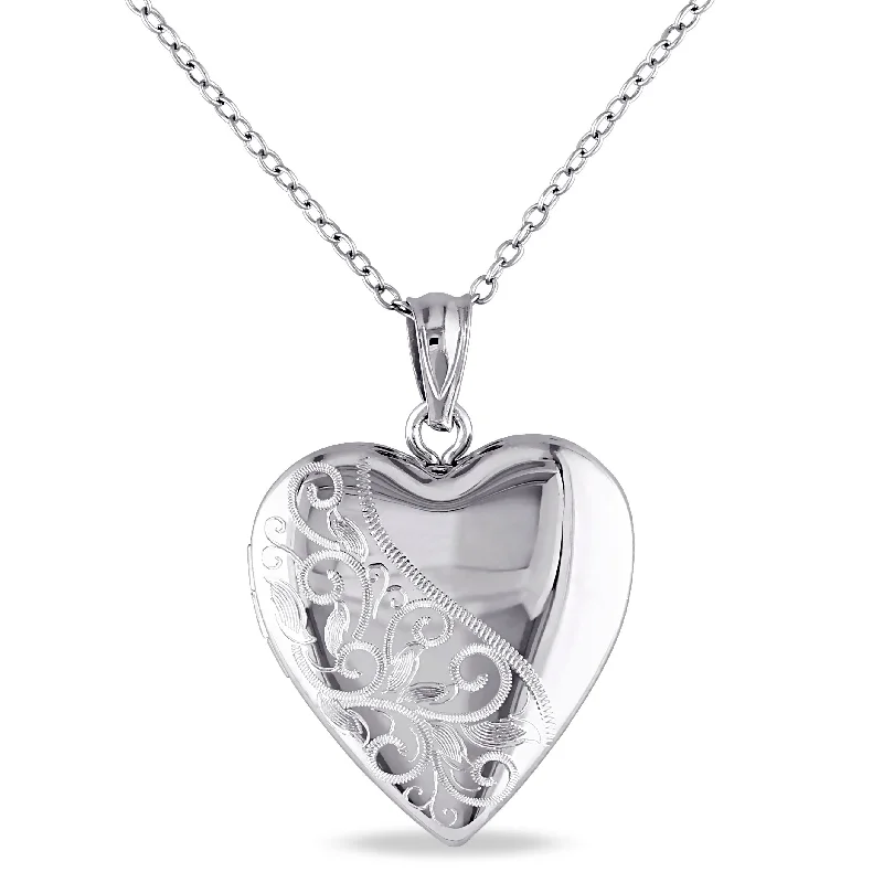 Mimi & Max Engraved Filigree Heart Locket Pendant with Chain in Sterling Silver