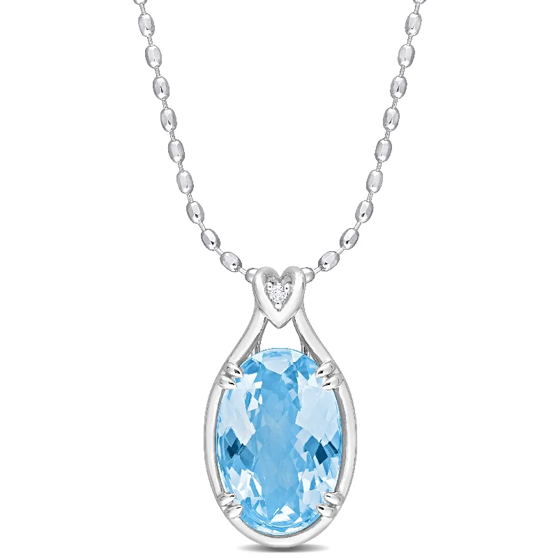 Mimi & Max Womens 13 1/2ct TGW Oval Checkerboard-Cut Sky Blue Topaz and White Topaz Solitaire Necklace in Sterling Silver