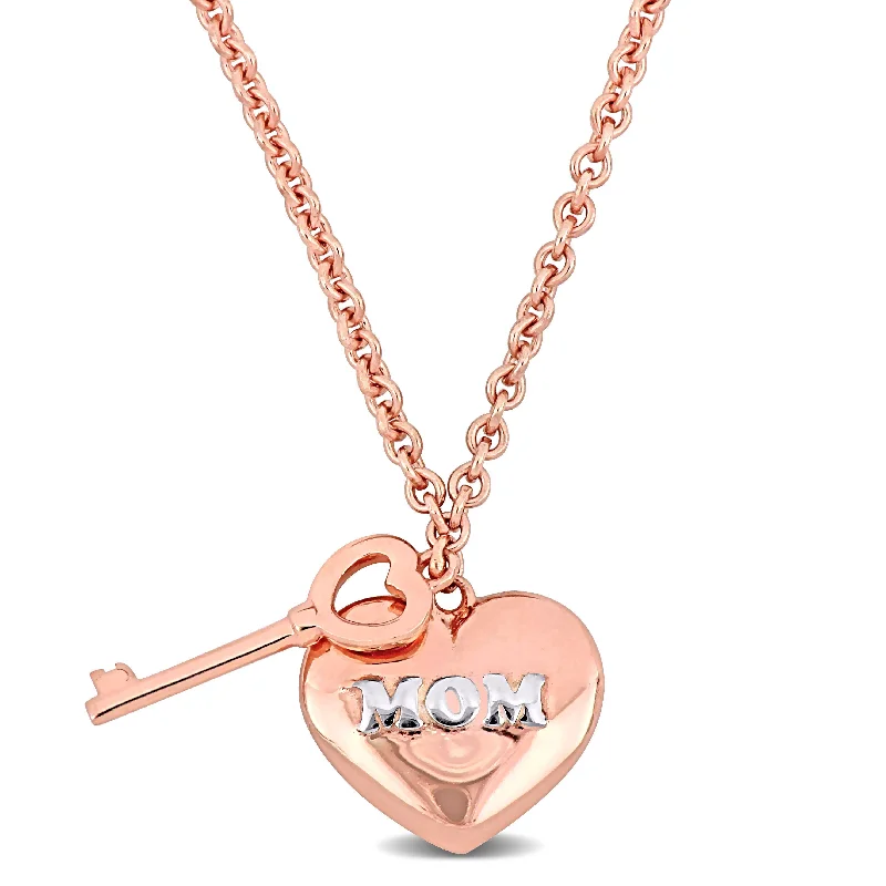 Mimi & Max Heart and Key Charm Love Mom Necklace in Rose Silver - 16+2 in.