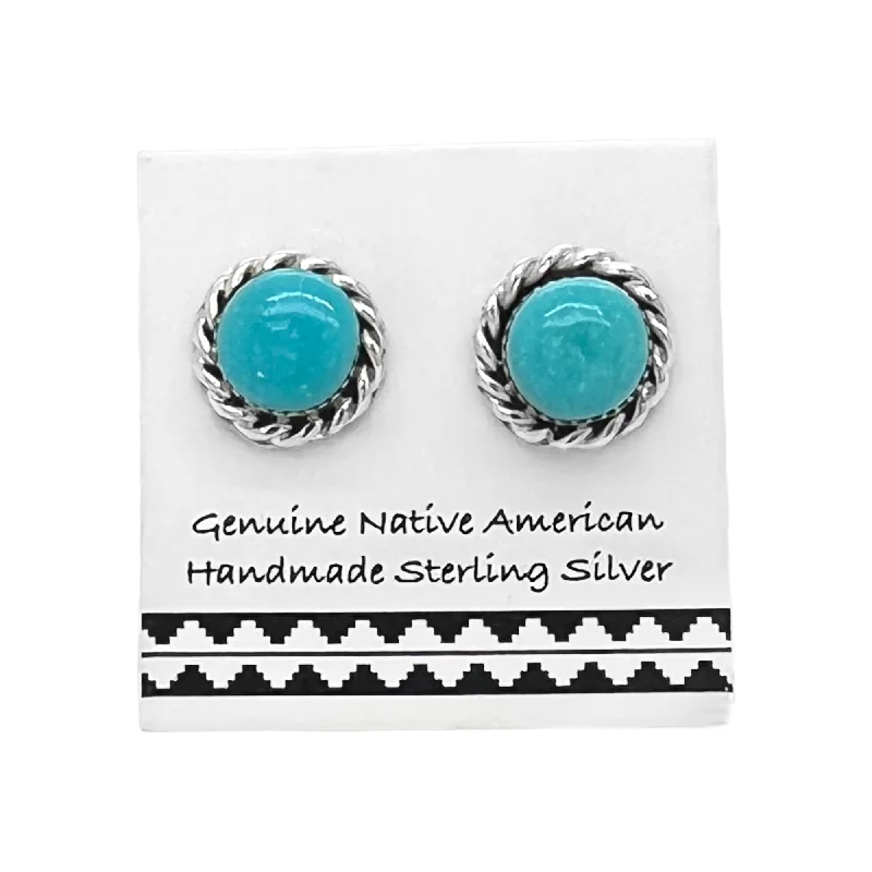 7mm Genuine Sleeping Beauty Turquoise Stud Earrings, Sterling Silver, Authentic Native American Handmade, Nickel Free