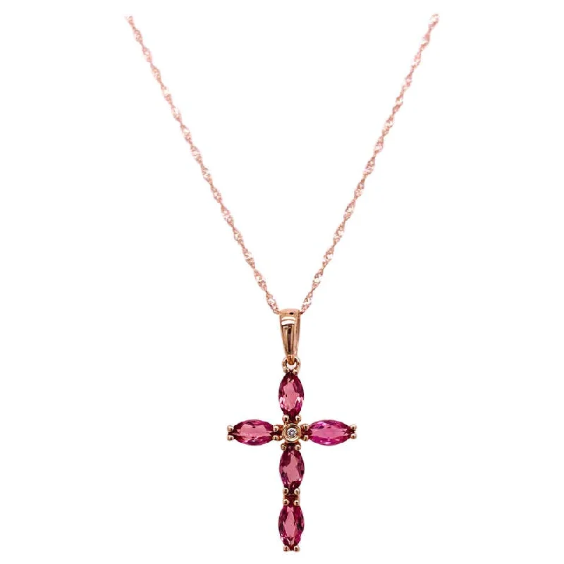 Pink Tourmaline & Diamond Cross Necklace