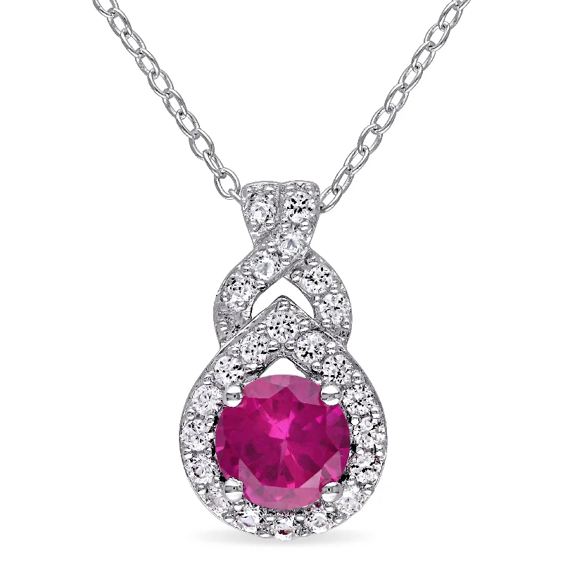 Mimi & Max 1 4/5ct TGW Created White Sapphire and Created Ruby Teardrop Halo Pendant with Chain in Sterling Silver