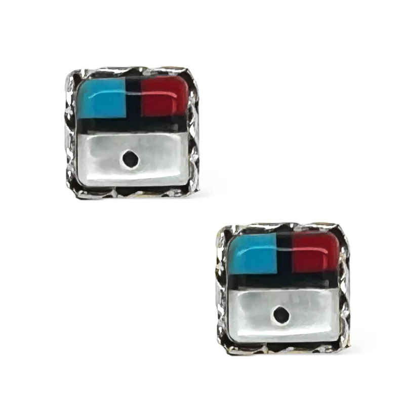 10mm Genuine Stone Zuni Sunface Stud Earrings, Sterling Silver, Turquoise and Coral, Native American USA Handmade, Nickle Free, Square