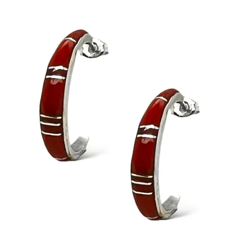 Genuine Red Spiny Oyster Shell Hoop Earrings, 925 Sterling Silver, Authentic Native American Handmade in New Mexico, USA, Jewelry for Women, Drop and Dangle, Nickel Free