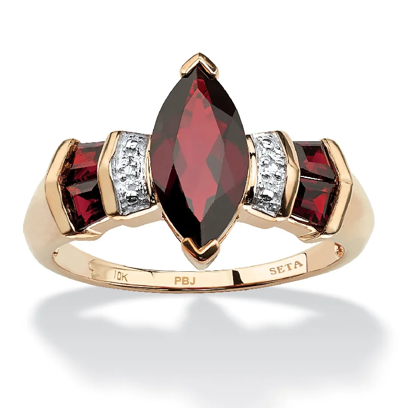 2.85 TCW Marquise-Cut Garnet and Diamond Accent Ring in Solid 10k Gold