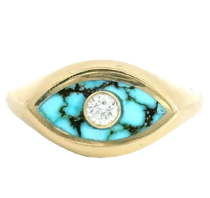 Marquise Signet Ring - Red Web Turquoise & White Diamond.