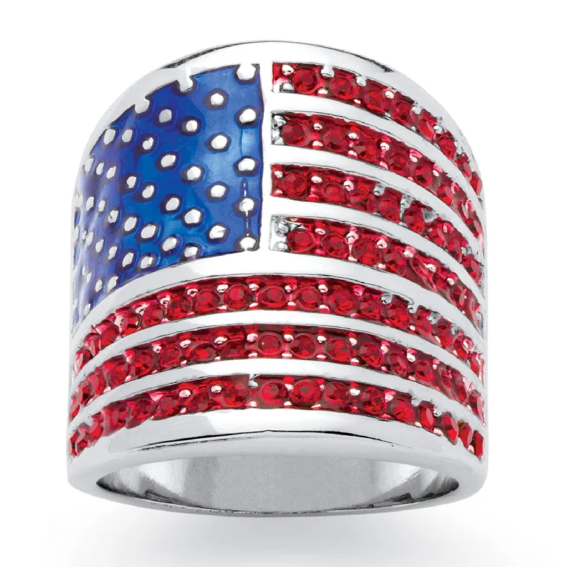 2.08 Cttw. Simulated Red Ruby Silvertone Patriotic American Flag Wide Band Ring