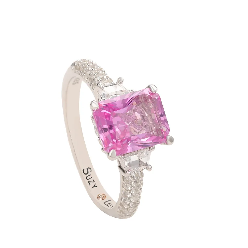 Suzy Levian Sterling Silver Pink Sapphire & Diamond Accent 3cttw Emerald Cut Bridal Ring