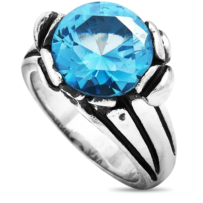 King Baby Silver and Blue Topaz Floral Pattern Ring