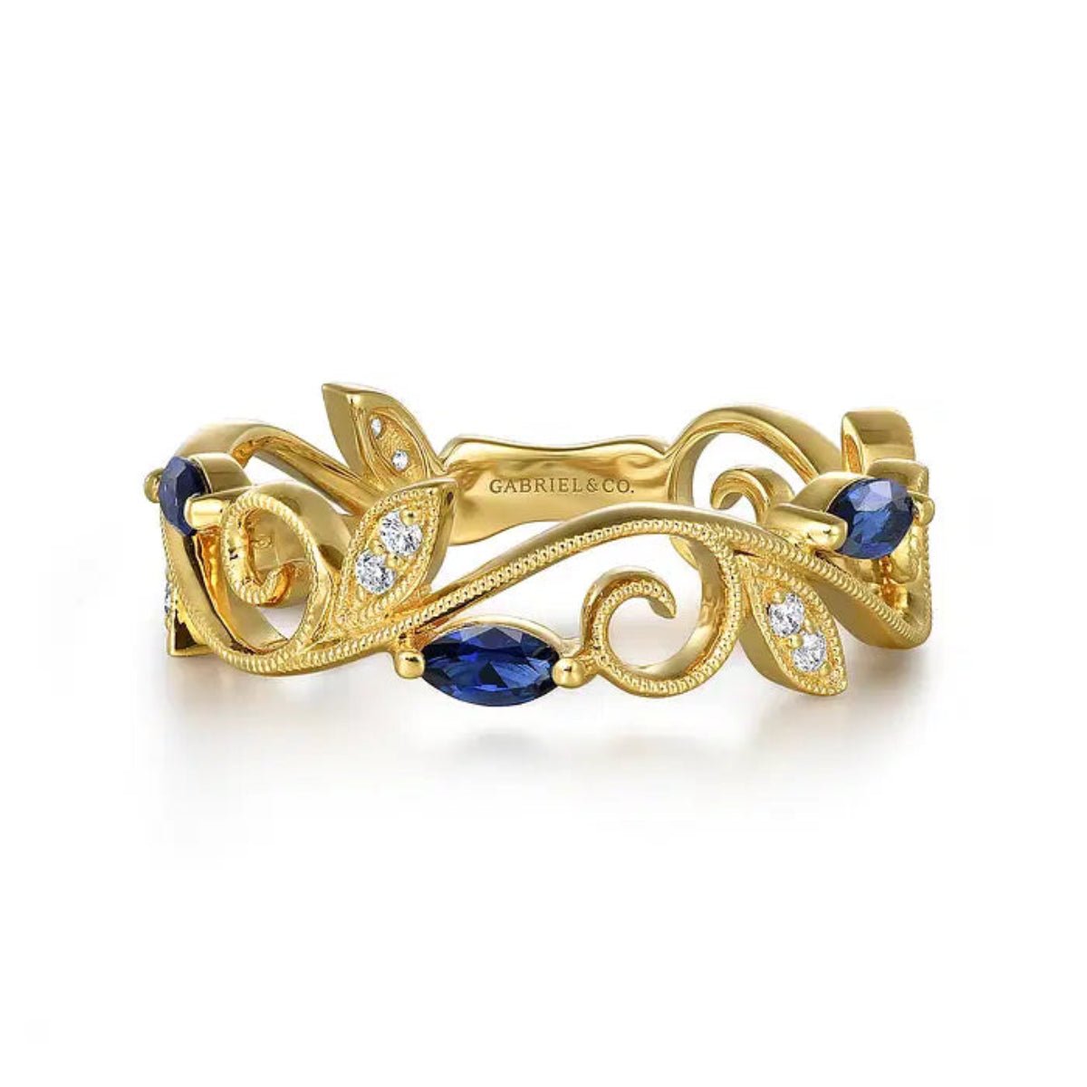 14K Y Gold 0.49ctw Diamond 0.06ctw Blue Sapphire Filigree Pattern Ring