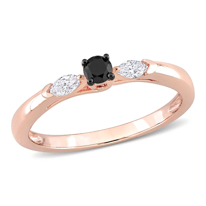 Mimi & Max 1/4ct TDW Black White Marquise Diamond 3-Stone Engagement Ring 10k Rose Gold