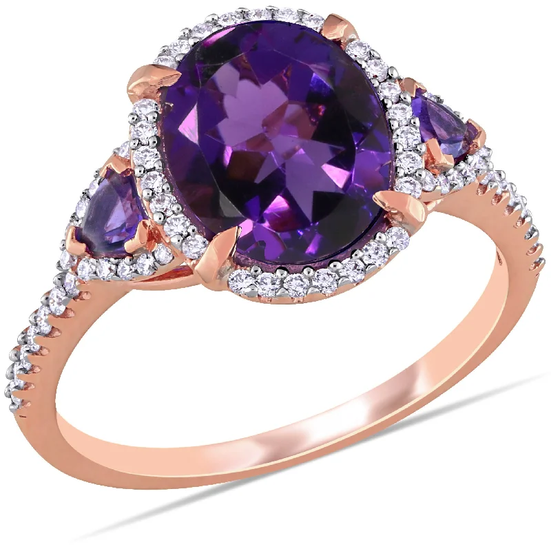 Mimi & Max 2 5/8ct TGW Amethyst 1/4ct TW Diamond 3-Stone Ring 14k Rose Gold