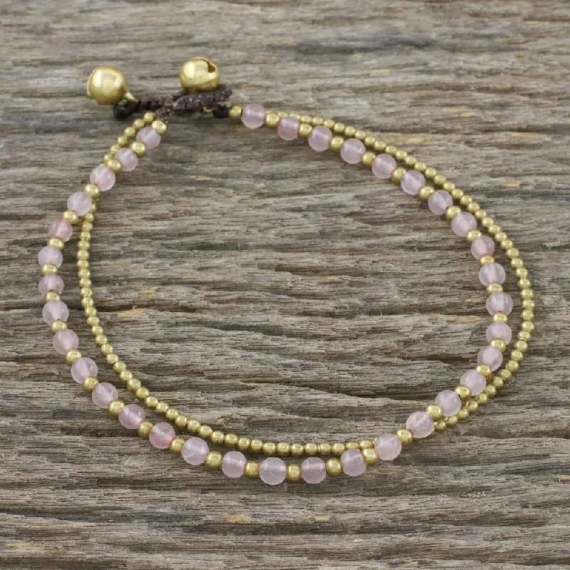 Handmade Brass 'Ringing Beauty' Rose Quartz Anklet (Thailand) - Pink - 9.25" min L - x 9.75" max L x 0.3" W