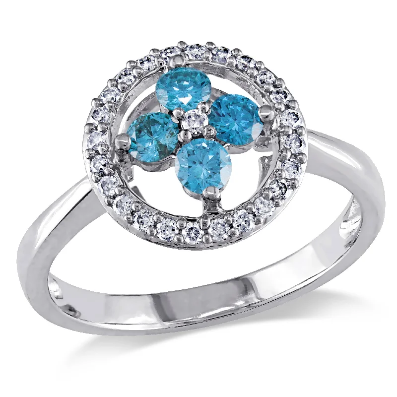 Mimi & Max 1/2ct TW Blue White Diamond Flower Floating Halo Ring 14k White Gold