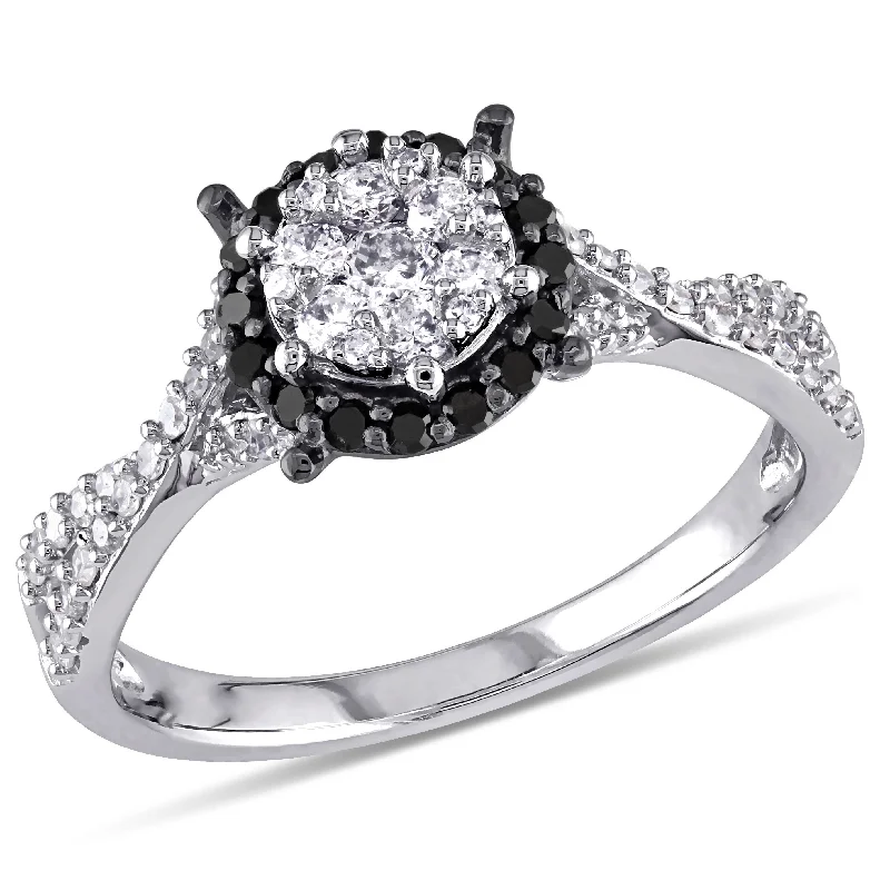 Mimi & Max 1/2ct TW Black and White Halo Diamond Engagement Ring 10k White Gold