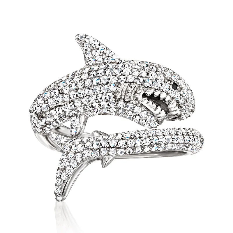 Ross-Simons CZ Shark Bypass Ring With Black Spinel Accent in Sterling Silver