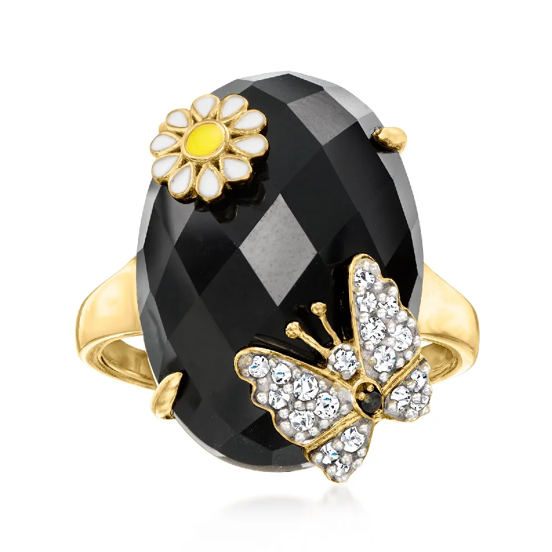 Ross-Simons Onyx and White Zircon Butterfly and Flower Ring With Single Black Spinel in 18kt Gold Over Sterling